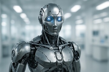 Advanced robotic humanoid with glowing blue eyes. Innovative AI technology for future intelligence innovation.