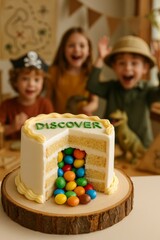 Kids excitedly discover hidden candy inside a colorful cake. A fun surprise for a birthday celebration.