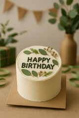 Elegant white birthday cake with green foliage decorations. Perfect for celebratory occasions with a natural aesthetic.