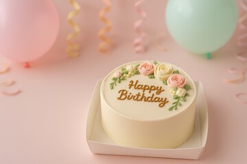 Elegant birthday cake with floral decorations. Sweet celebration treat with balloons and streamers.
