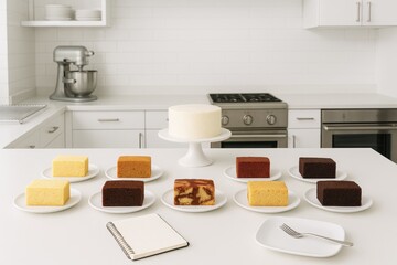 Variety of cake samples for tasting and evaluation. Different flavors presented in a modern kitchen setting.