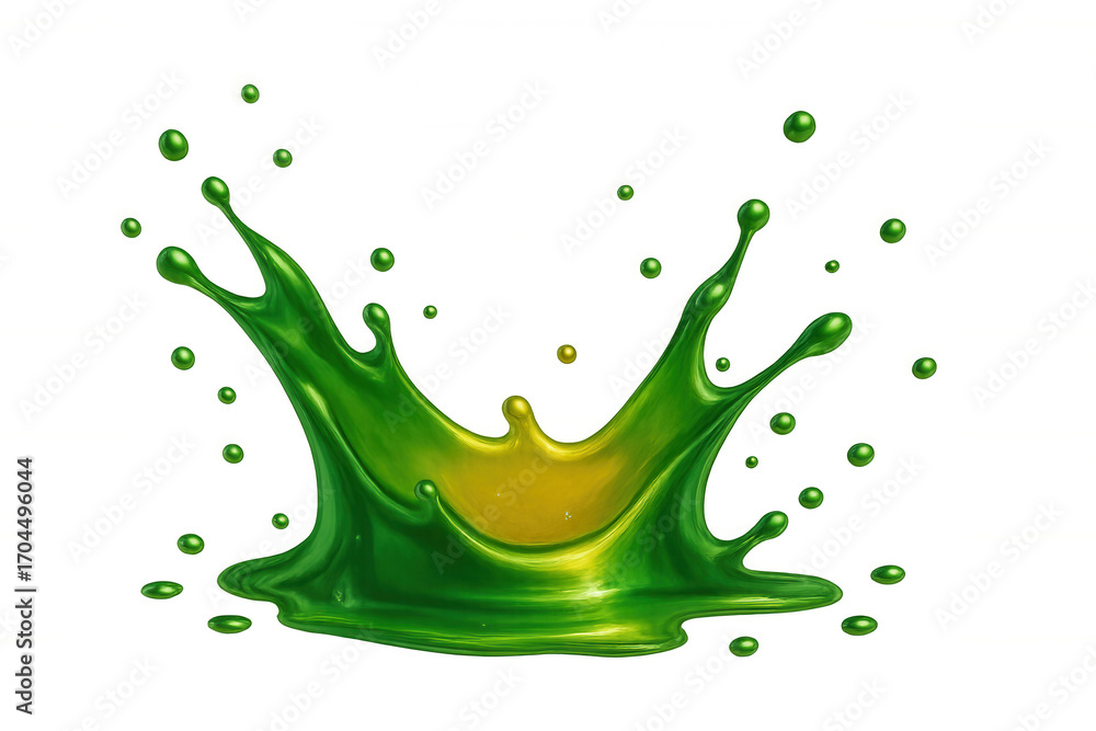 Poster green and yellow liquids are splashing and mixing together, creating a dynamic crown-shaped formatio
