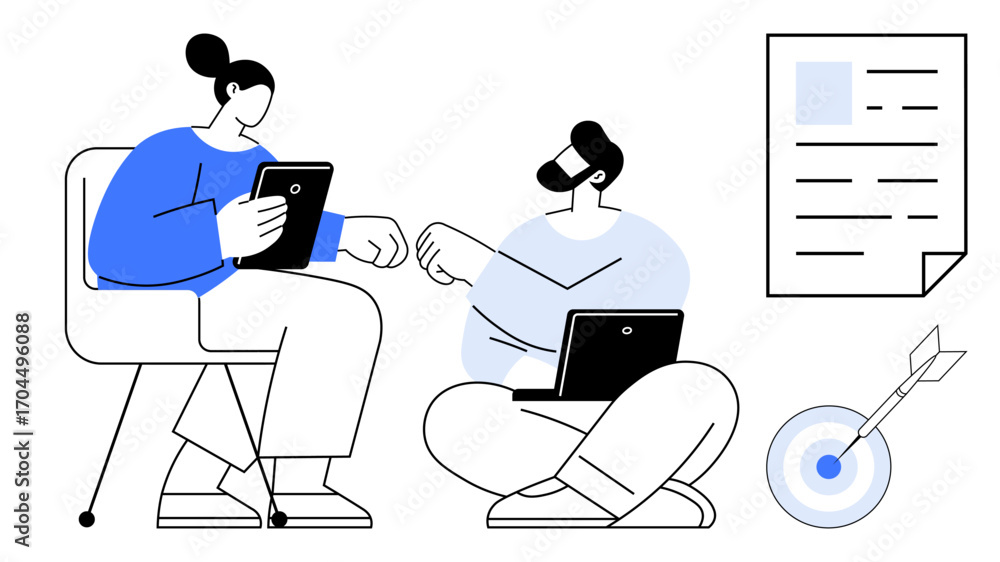 Aufkleber two people collaborating while using laptops and a tablet, with a document and a target nearby. idea