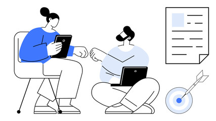 Two people collaborating while using laptops and a tablet, with a document and a target nearby. Ideal for teamwork, communication, productivity, planning, goal setting, strategy, simple flat metaphor