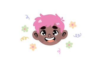 Cute cartoon vector illustration of a smiling boy with pink hair, big expressive eyes and dark skin, surrounded by decorative flowers and colorful doodles on a white background, children clipart.