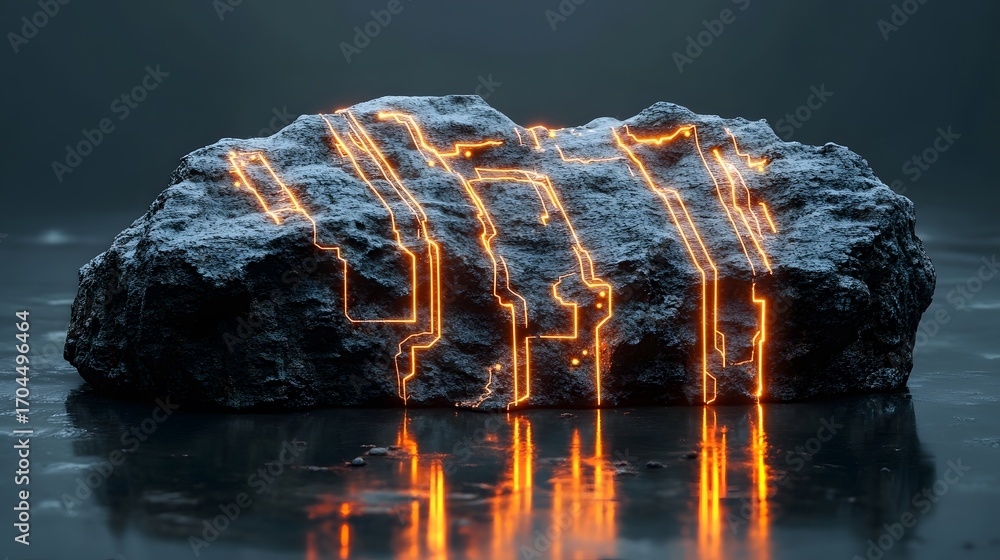Aufkleber a large, dark gray stone, seemingly embedded with glowing orange circuit patterns, sits in calm wate