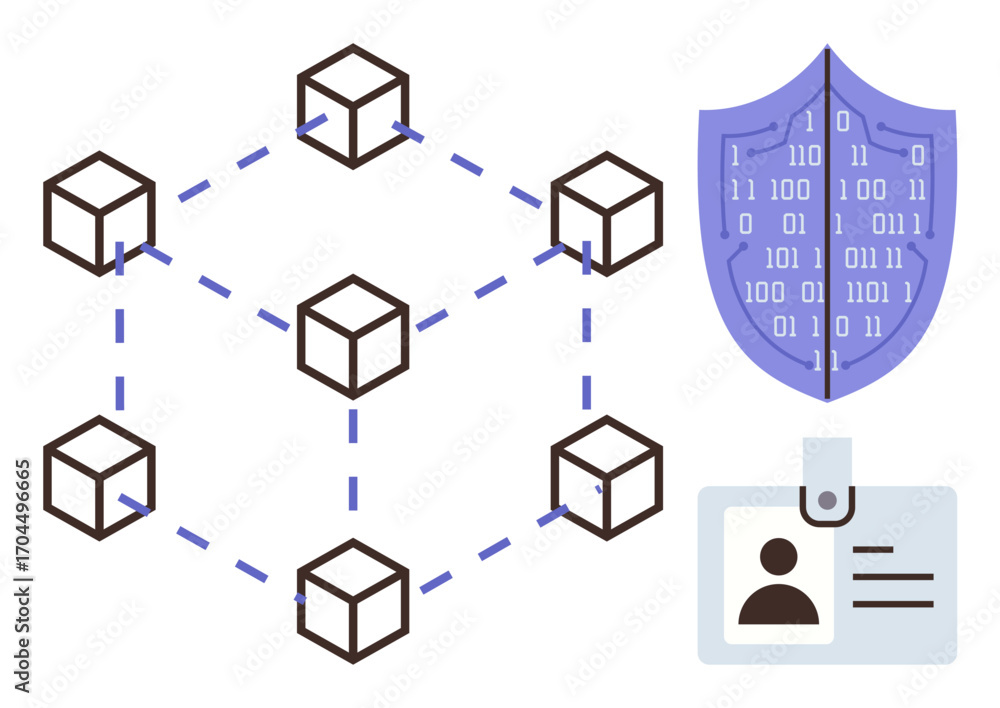 Aufkleber blockchain cubes connected by dotted lines, shield with binary code for cybersecurity, id badge for 