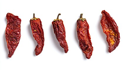 Five dried red chili peppers on white background