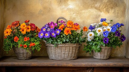 Colorful flowers in wicker baskets on rustic shelf