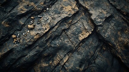A detailed close-up view of layered rock formations, exhibiting deep tones and scattered pebbles.