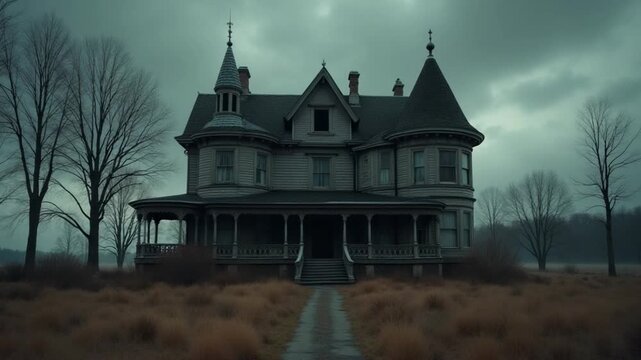 CGI Old abandoned mansion under cloudy skies in a desolate landscape