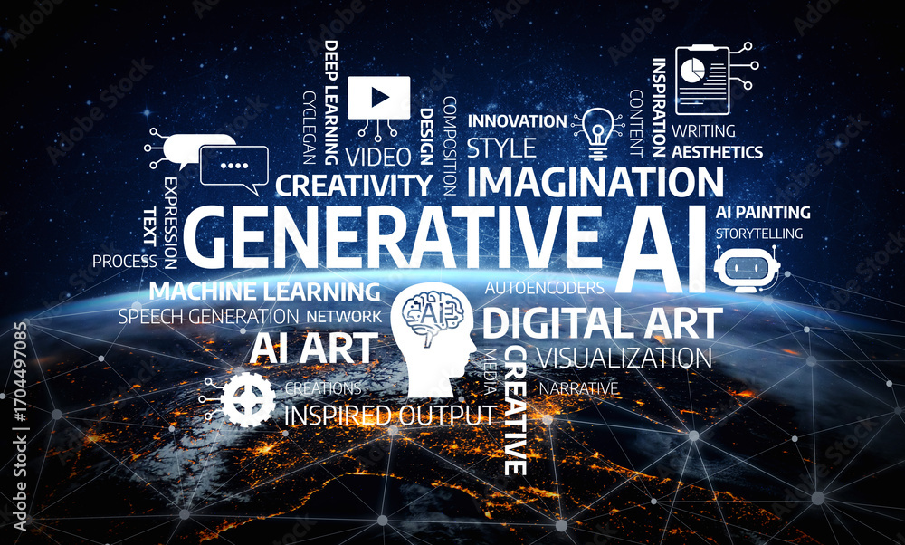 Poster this image illustrates the concept of generative ai with keywords emphasizing creativity, technology