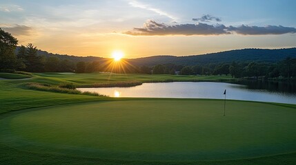 Golf course green at sunset with lake and hills