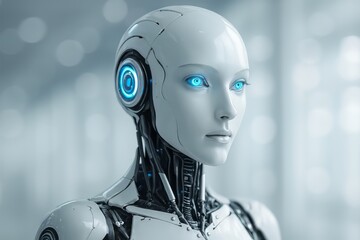 The sleek white robot stands with glowing blue eyes. This AI humanoid represents advanced technology and the future.
