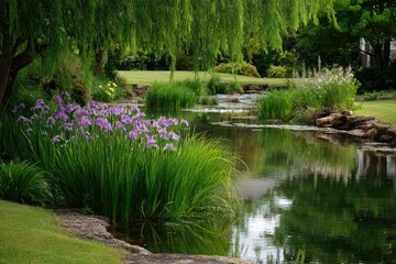 Serene water garden with vibrant purple irises.