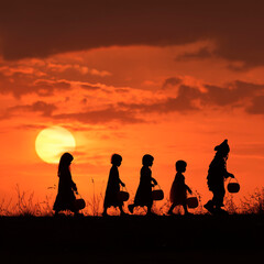 Silhouette of kids trick-or-treating against sunset, Halloween illustration