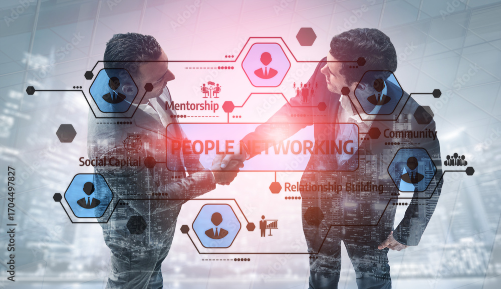 Poster a dynamic visual representation of business networking, showcasing mentorship and relationship build