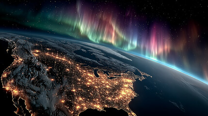 Naklejka premium Earth From Space With Aurora Borealis Over North America Glowing City Lights
