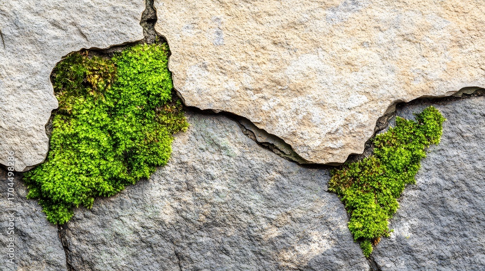 Poster patches of vibrant green moss cling to crevices in weathered stonework, creating a natural, textured