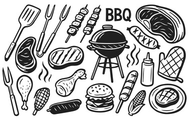 Hand drawn barbecue BBQ grill meat and food collection isolated on transparent background, generative ai