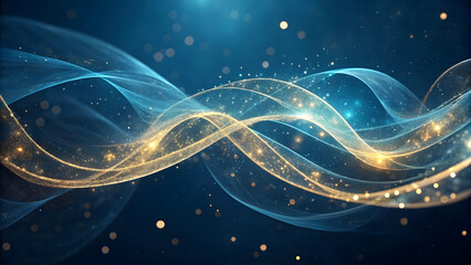 An ethereal abstract design featuring swirling ribbons of deep ocean blue and radiant gold light, flowing together in a fluid, cosmic dance