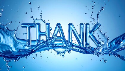 Shiny, chrome "THANK" letters emerge from splashing, vibrant blue water against a gradient background