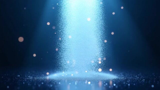 Animation of glitter dust particles and light particles flying up with magical shimmering dust. Blue rays. Abstract luxury background for awards and celebrations and birthdays. loop