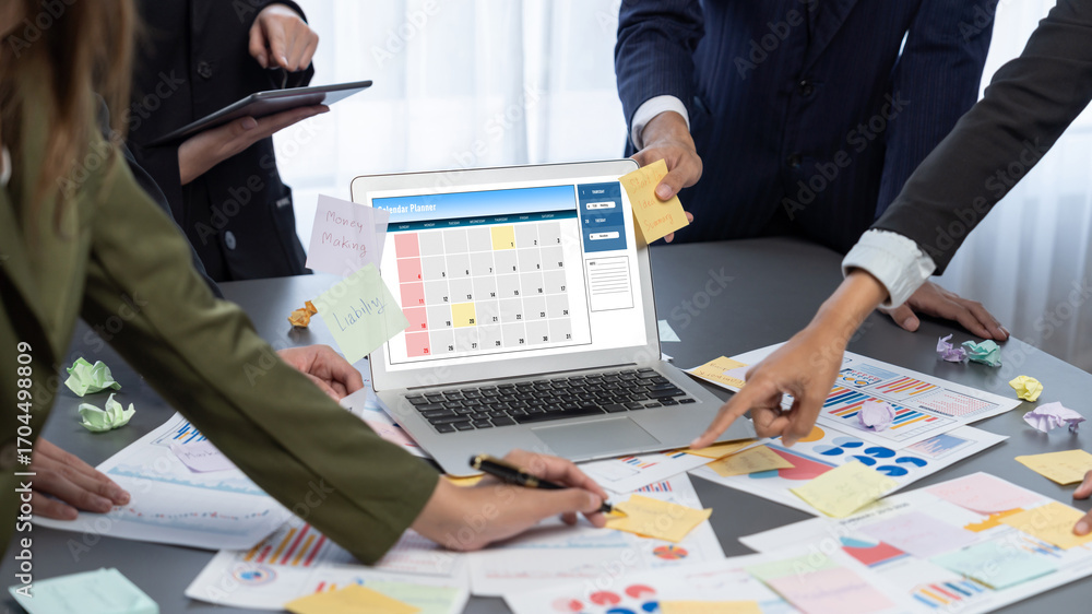 Poster analyst team use sticky note for creative and analytic brainstorm for business idea with bi data das