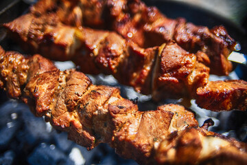 Shish kebab on skewers macro