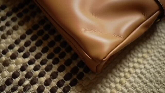 Closeup woven rug pattern and brown leather bag