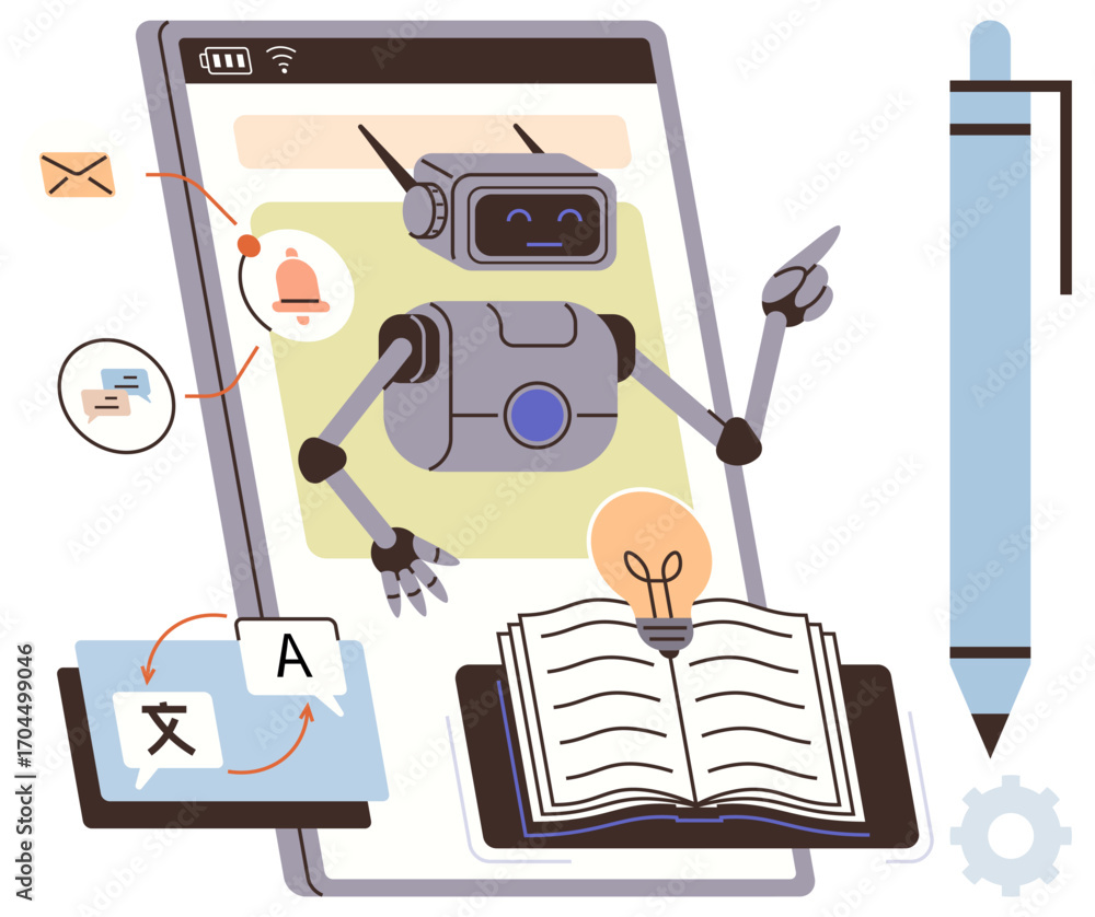 Aufkleber robot navigating language translation, managing notifications, and aiding study with an open book, l