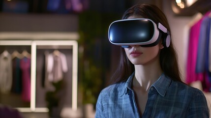 Young woman uses virtual reality headset to explore a virtual clothing store.