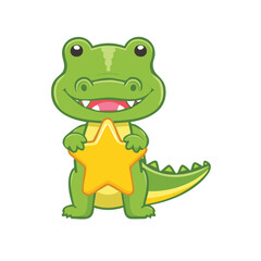 Fototapeta premium A friendly cartoon alligator holding a golden star, smiling and inviting. This charming illustration captures joy and appreciation