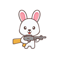 A cartoon-style rabbit holding a gun with a smile. A quirky and playful take on a cute bunny