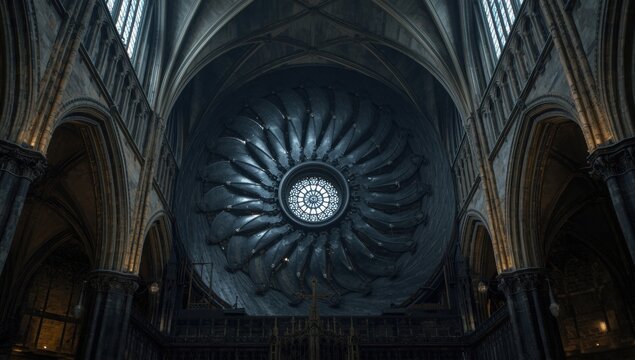 A Grand Gothic Cathedral Interior Featuring a Massive Circular Stained Glass Window with Intricate Spiral Designs Dominating the Space with Dark and Moody Atmospheric Lighting
