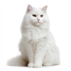 Majestic White Longhair Cat Sitting, Fluffy Fur, Pet Animal Photography