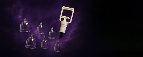 Traditional Chinese medicine tools, cupping therapy set, on a dark background. Alternative holistic treatment for health and wellness. Hijama, treatment according to the Sunnah.