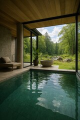 Luxurious indoor pool and spa area with a stunning view of a lush green forest.