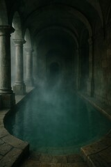 Ancient thermal bath or Roman spa shrouded in mysterious mist. Pillars and arches create a moody, tranquil underground atmosphere.