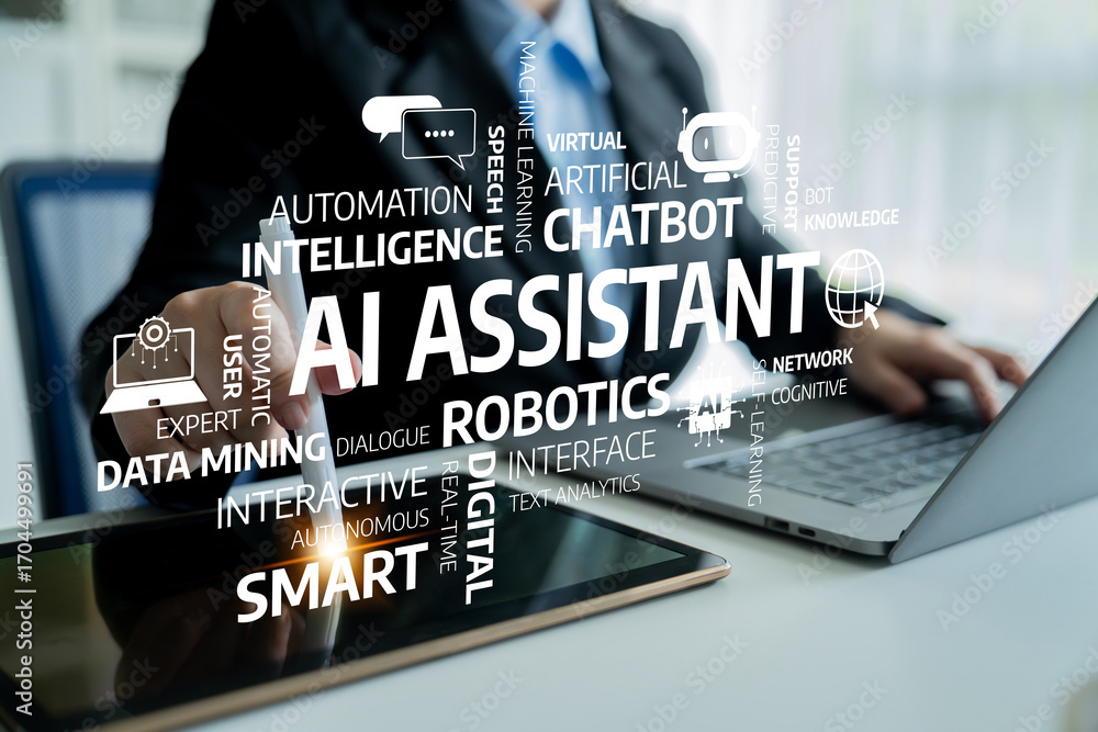 Poster a businessman engaged in ai technology featuring keywords such as automation and robotics, showcasin
