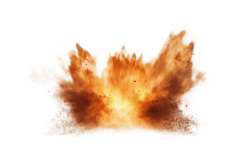 Dramatic brown colored dust explosion with particles on transparent background