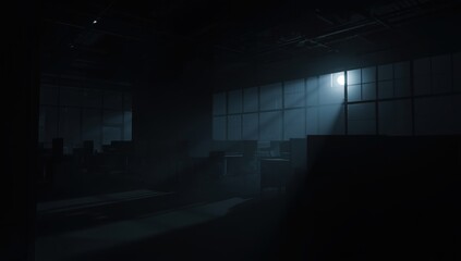An eerie industrial warehouse dimly lit with shafts of blue light piercing through dusty air creating a mysterious and suspenseful atmosphere for an abandoned or haunted location