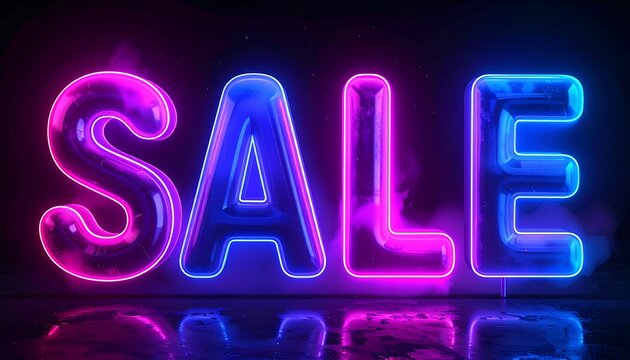 Vibrant, glowing, bubbly "SALE" text, illuminated with neon pink and blue lights against a dark, smoky backdrop - Powered by Adobe