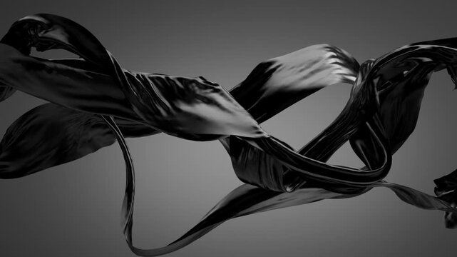 3d animation. Black textile cloth levitating in the darkness, illuminated by dramatic light. Minimalist background with waving drapery