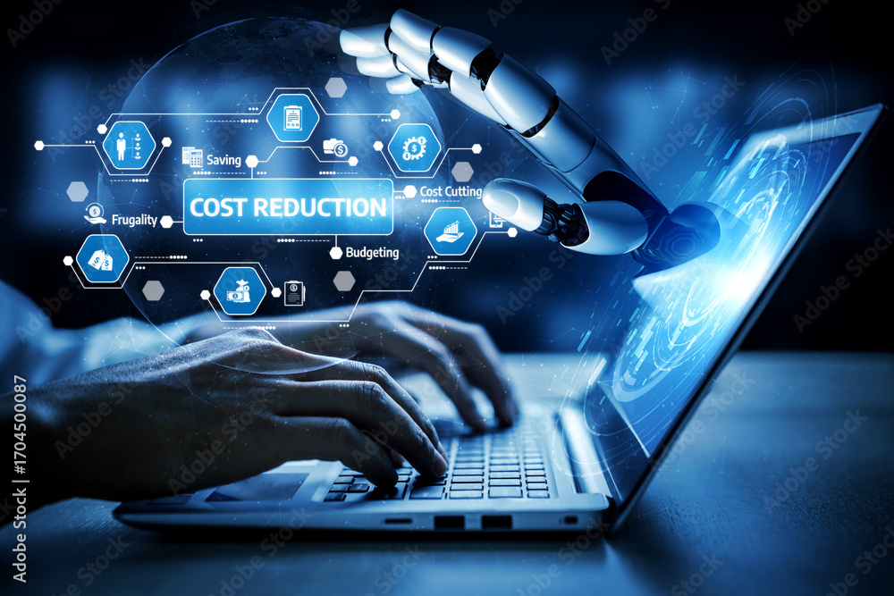 Poster a futuristic robotic hand interacts with a laptop, illustrating concepts like cost reduction and bud