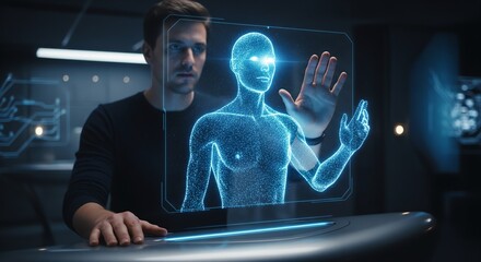 Man interacts with  advanced technology lab