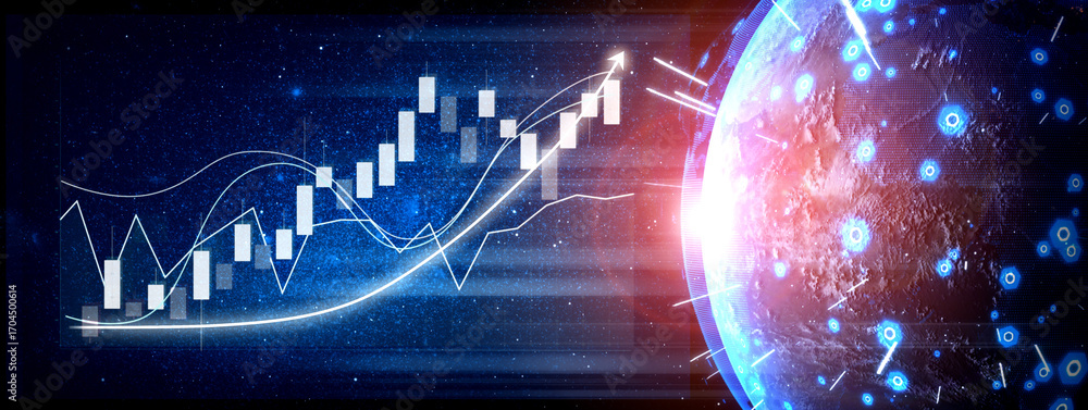 Poster a captivating digital graphic representing financial data through a dynamic graph, highlighting glob