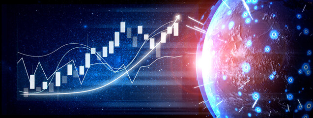 A captivating digital graphic representing financial data through a dynamic graph, highlighting global market trends and growth in a futuristic context. Impute