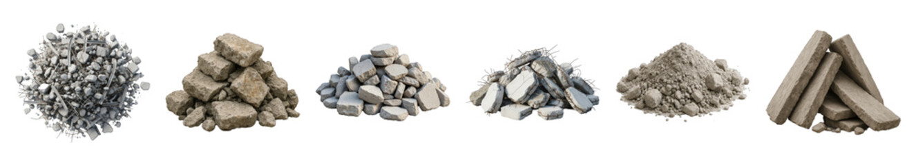Construction debris set including concrete, rebar, gravel, and stone piles isolated. Building and demolition materials.
