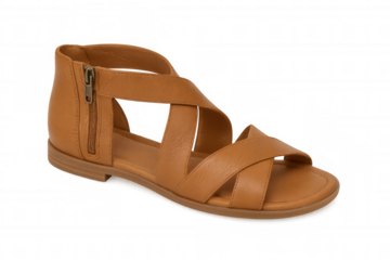 Stylish brown leather sandal featuring crossed straps, perfect for summer, isolated on a transparent background